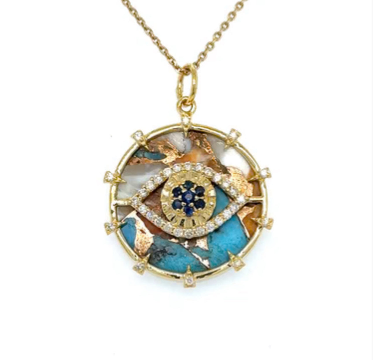 S.Row Designs Oyster Evil Eye Pendant with Sapphires & Diamonds