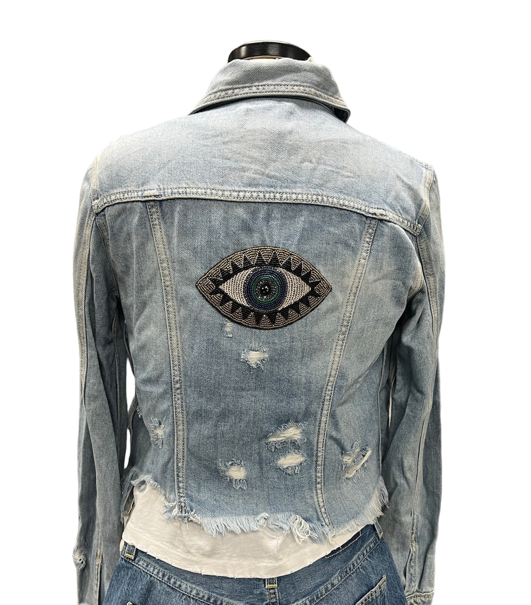 Collab 322 Eye Spy Cropped Fringe Blue Denim Jacket