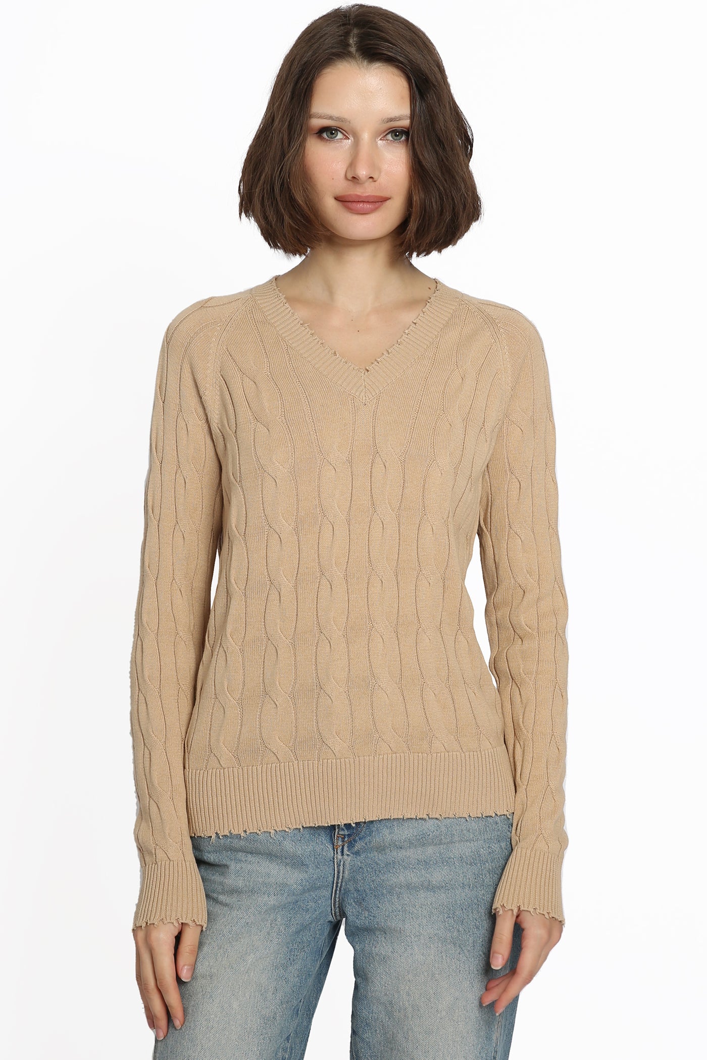 Minnie Rose Cotton Frayed Cable V Sweater