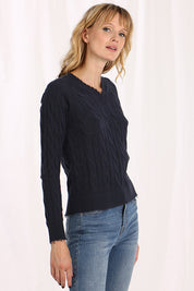 Minnie Rose Cotton Frayed Cable V Sweater