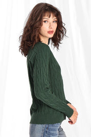 Minnie Rose Cotton Frayed Cable V Sweater