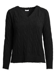 Minnie Rose Cotton Frayed Cable V Sweater