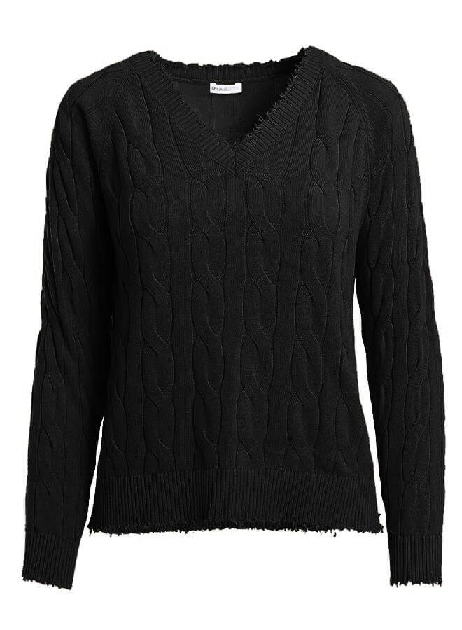 Minnie Rose Cotton Frayed Cable V Sweater