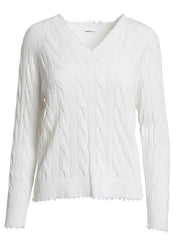 Minnie Rose Cotton Frayed Cable V Sweater