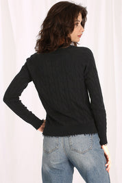 Minnie Rose Cotton Frayed Cable V Sweater