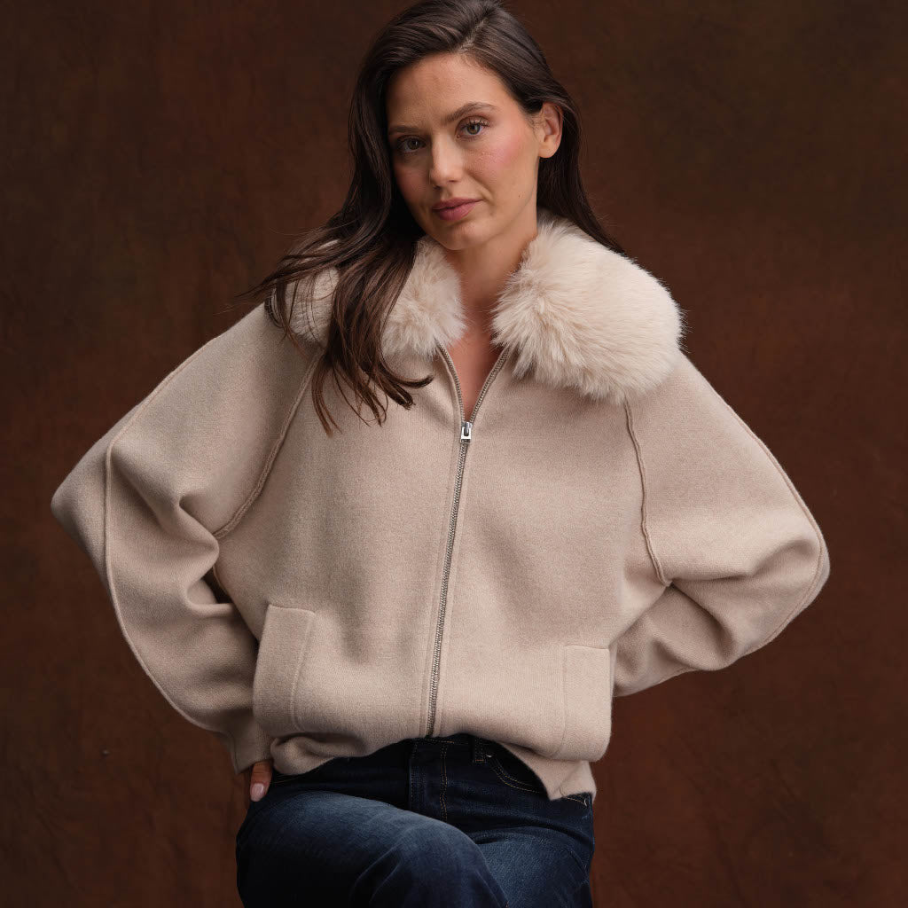 Cashmere Project Faux Fur Collar Zip Jacket