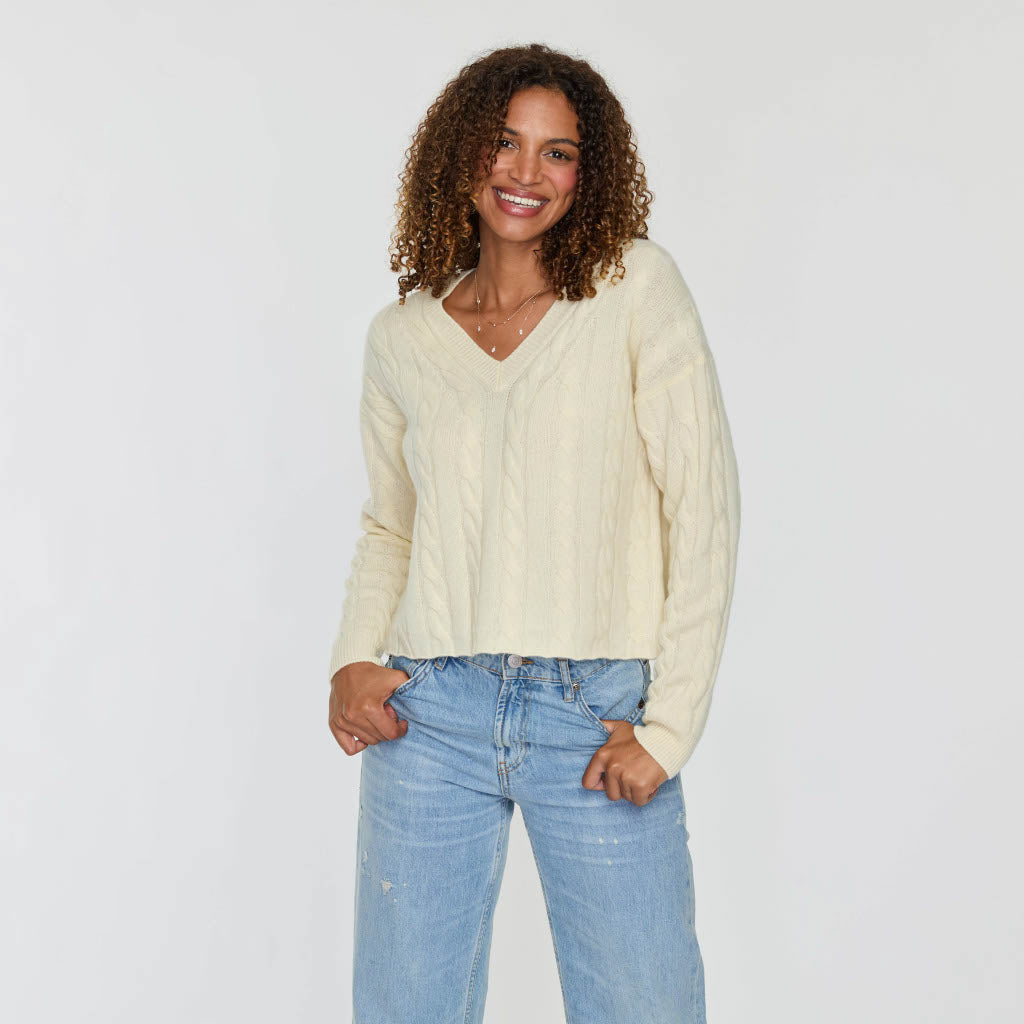 Cashmere Project Cropped Cable V Neck Sweater