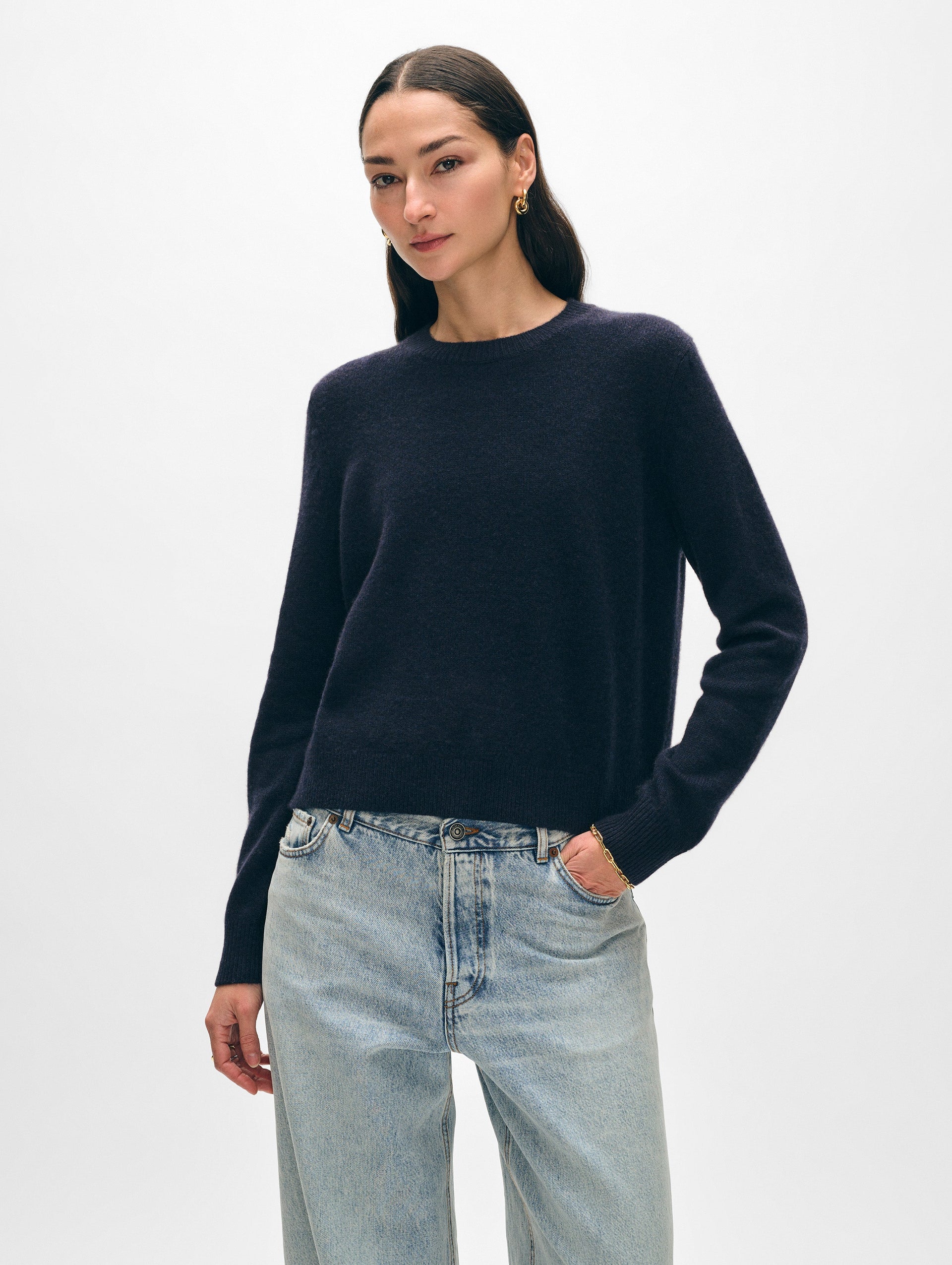 White + Warren Cashmere Rib Trim Crewneck