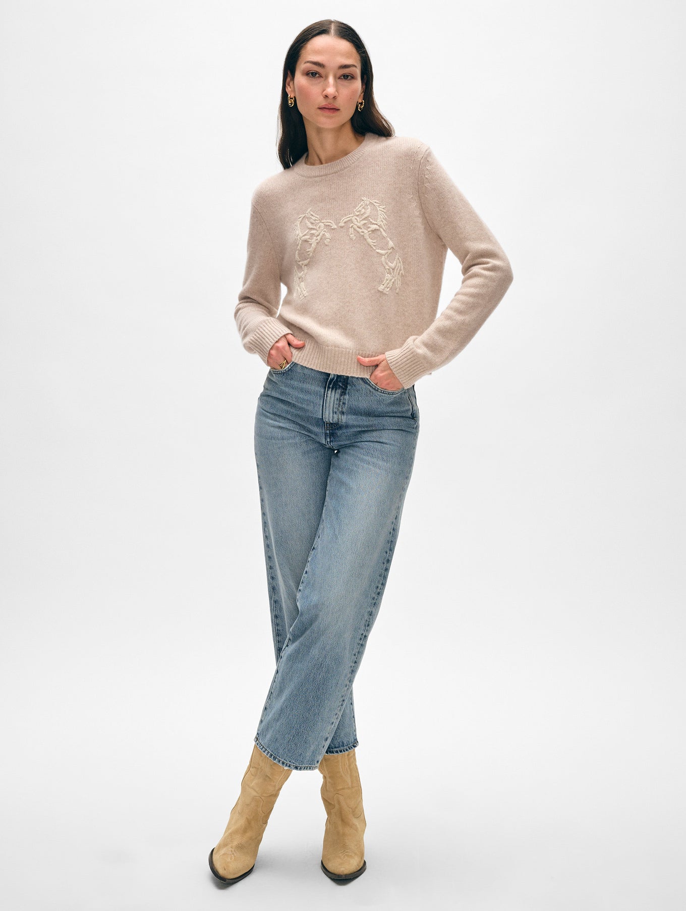 White + Warren Cashmere Blend Horse Embroidered Crewneck