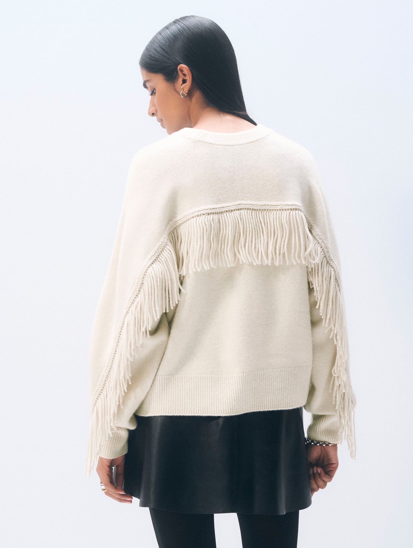 White + Warren Cashmere Blend Luxe Fringe Crew