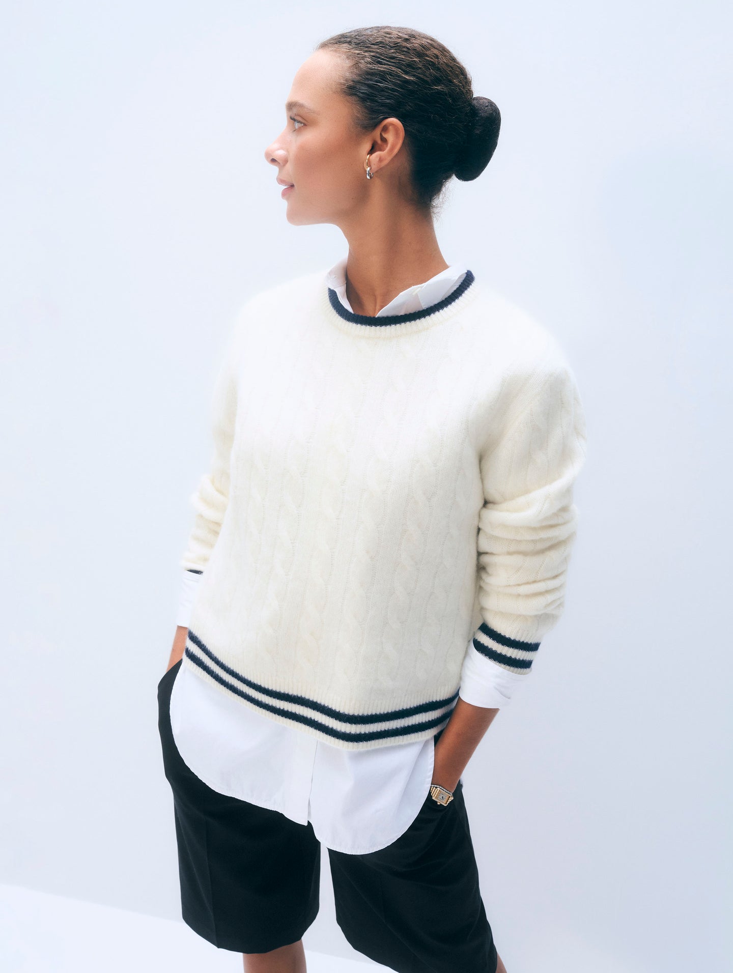 White + Warren Varsity Cable Crewneck