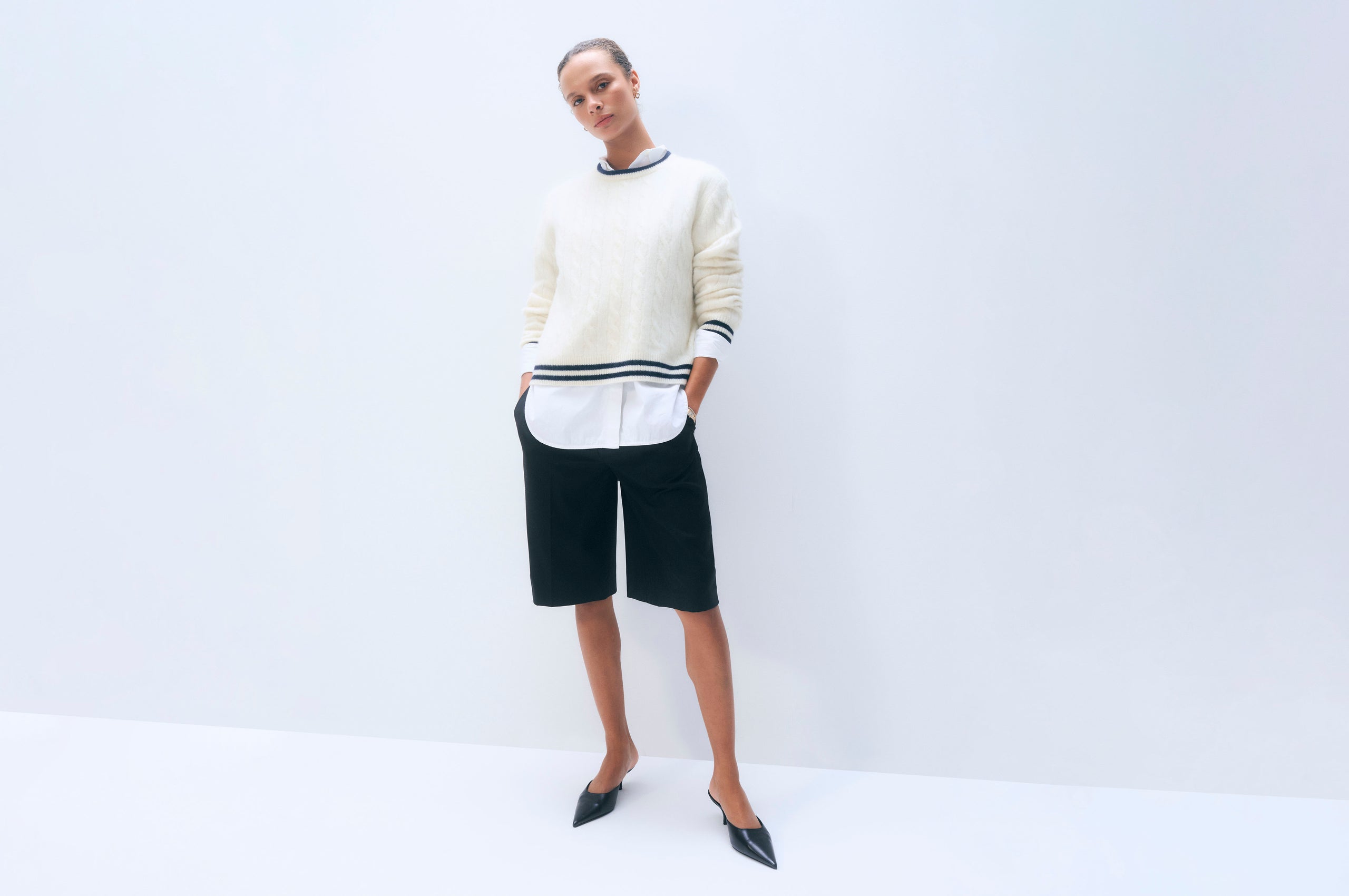 White + Warren Varsity Cable Crewneck