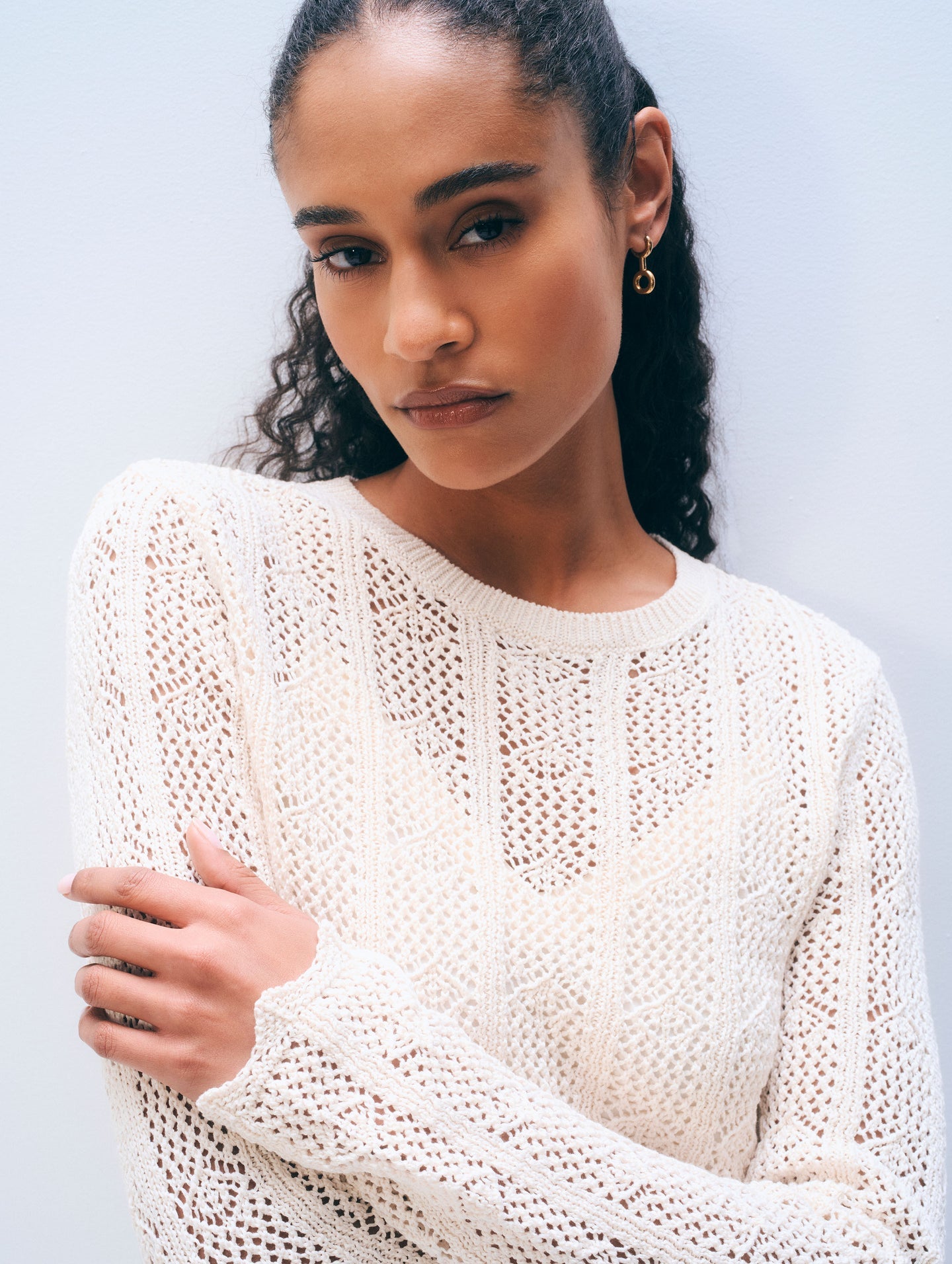 White + Warren Cotton Crochet Crewneck