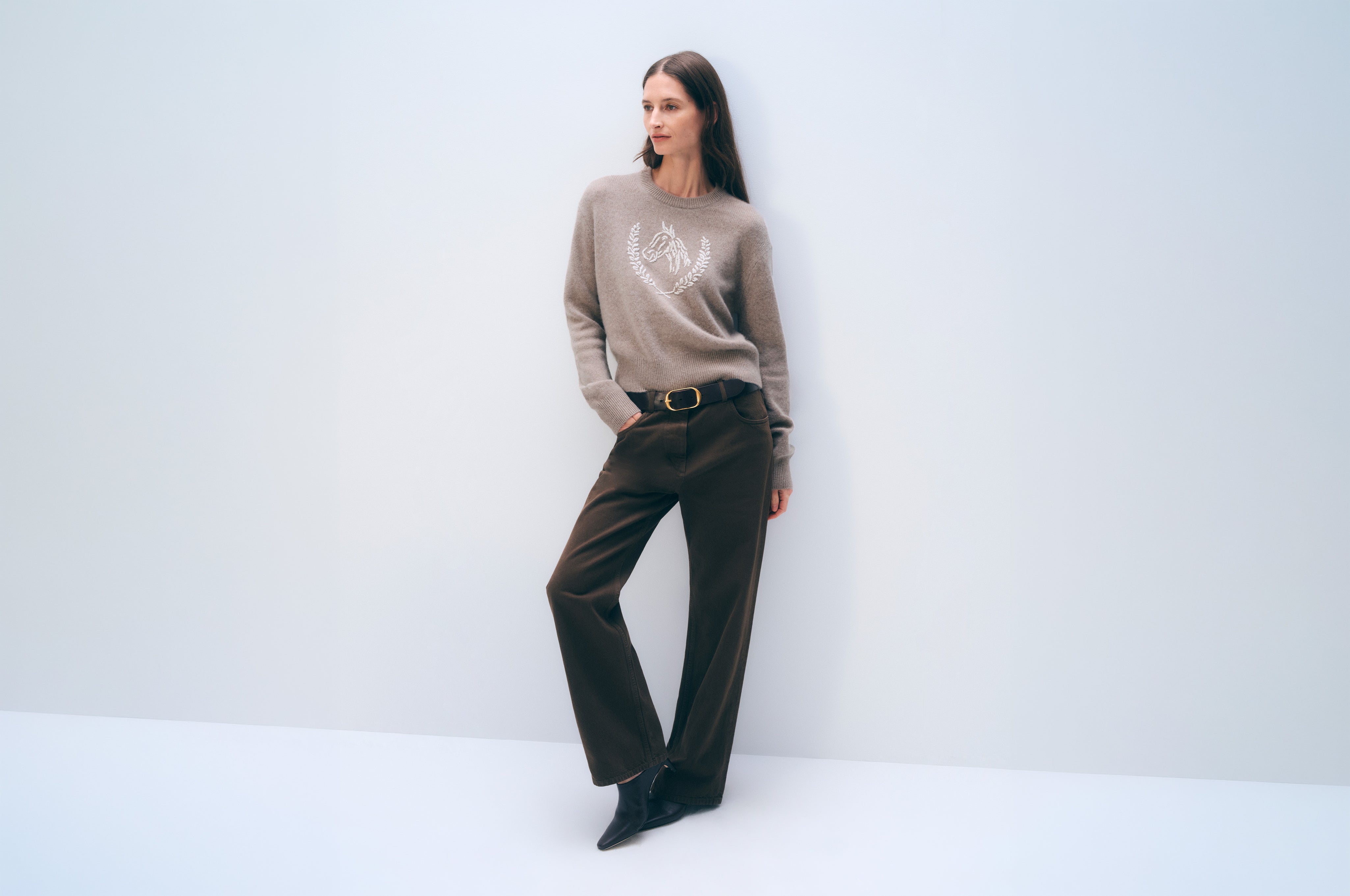 White + Warren Cashmere Blend Horse Embroidered Crewneck