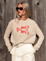 White + Warren Cashmere Embroidered Lobster Crewneck