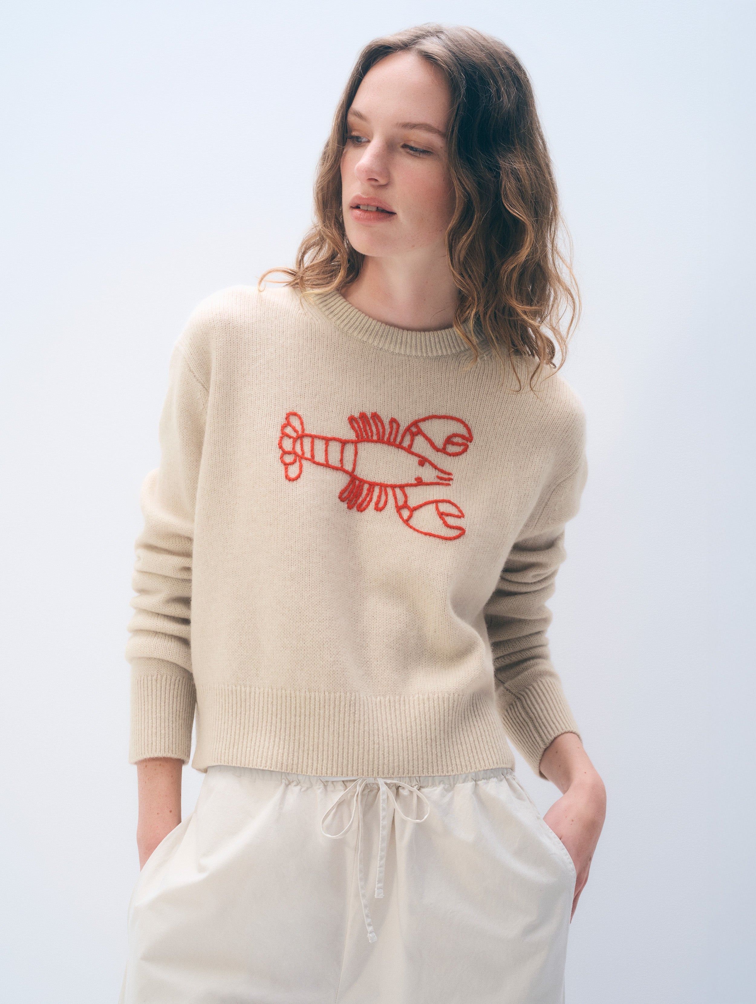 White + Warren Cashmere Embroidered Lobster Crewneck