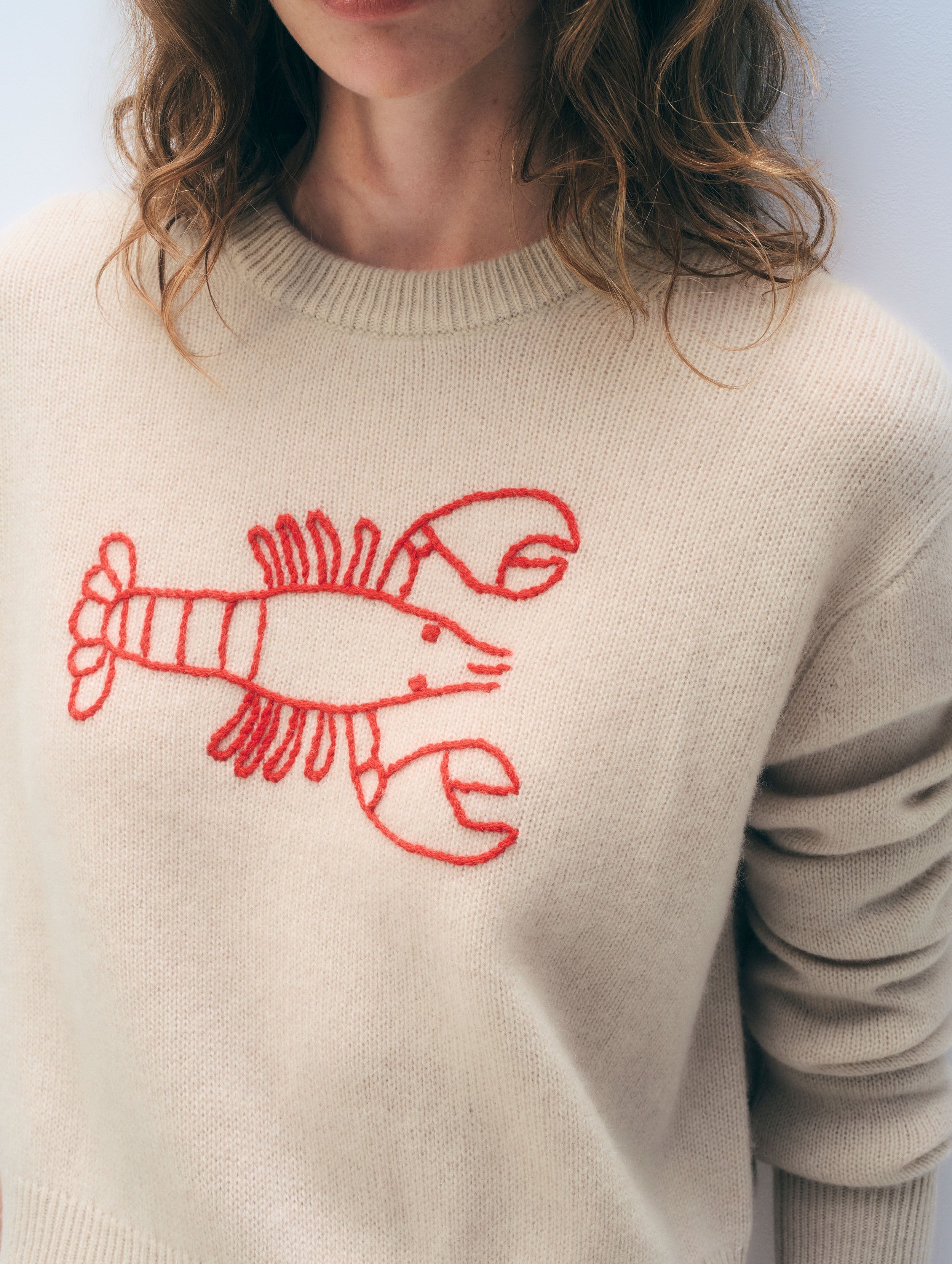 White + Warren Cashmere Embroidered Lobster Crewneck