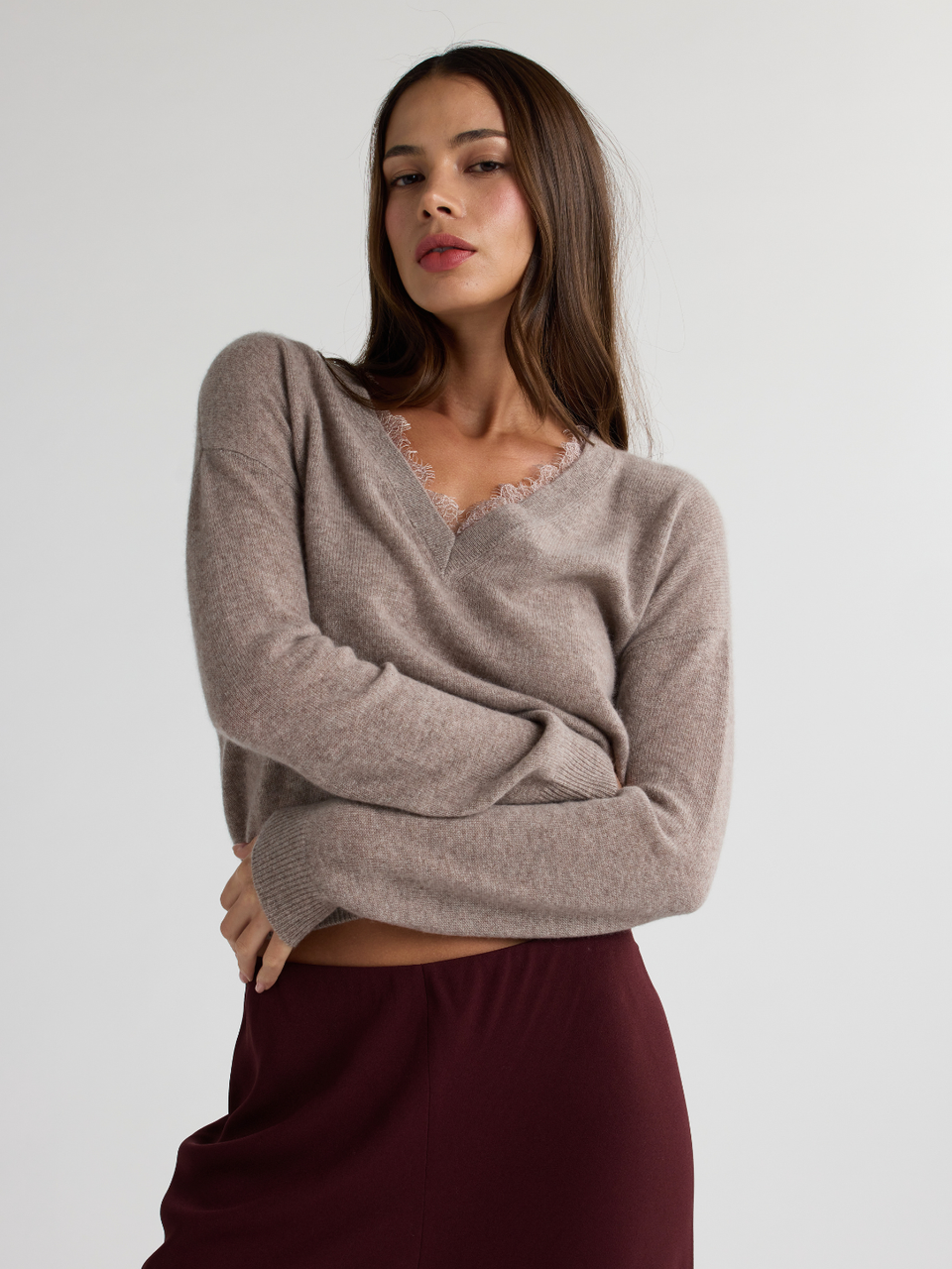 W. Cashmere Ciel V Neck Sweater With Lace
