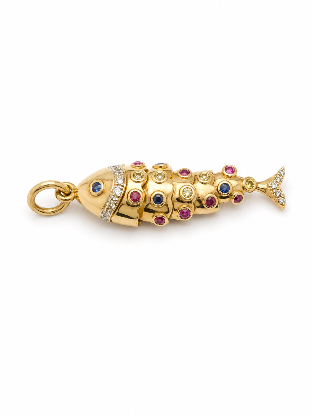 14KT Gold Articulated Diamond, Ruby & Sapphire Fish Charm