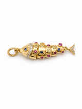 14KT Gold Articulated Diamond, Ruby & Sapphire Fish Charm