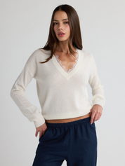 W. Cashmere Ciel V Neck Sweater With Lace
