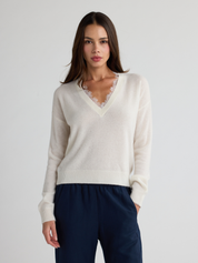 W. Cashmere Ciel V Neck Sweater With Lace