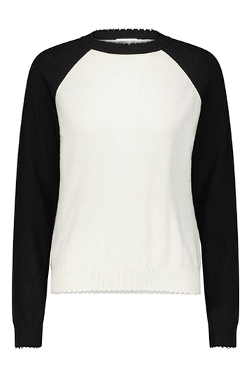 Minnie Rose Cotton Cashmere Color Blocked Frayed Edge Crew
