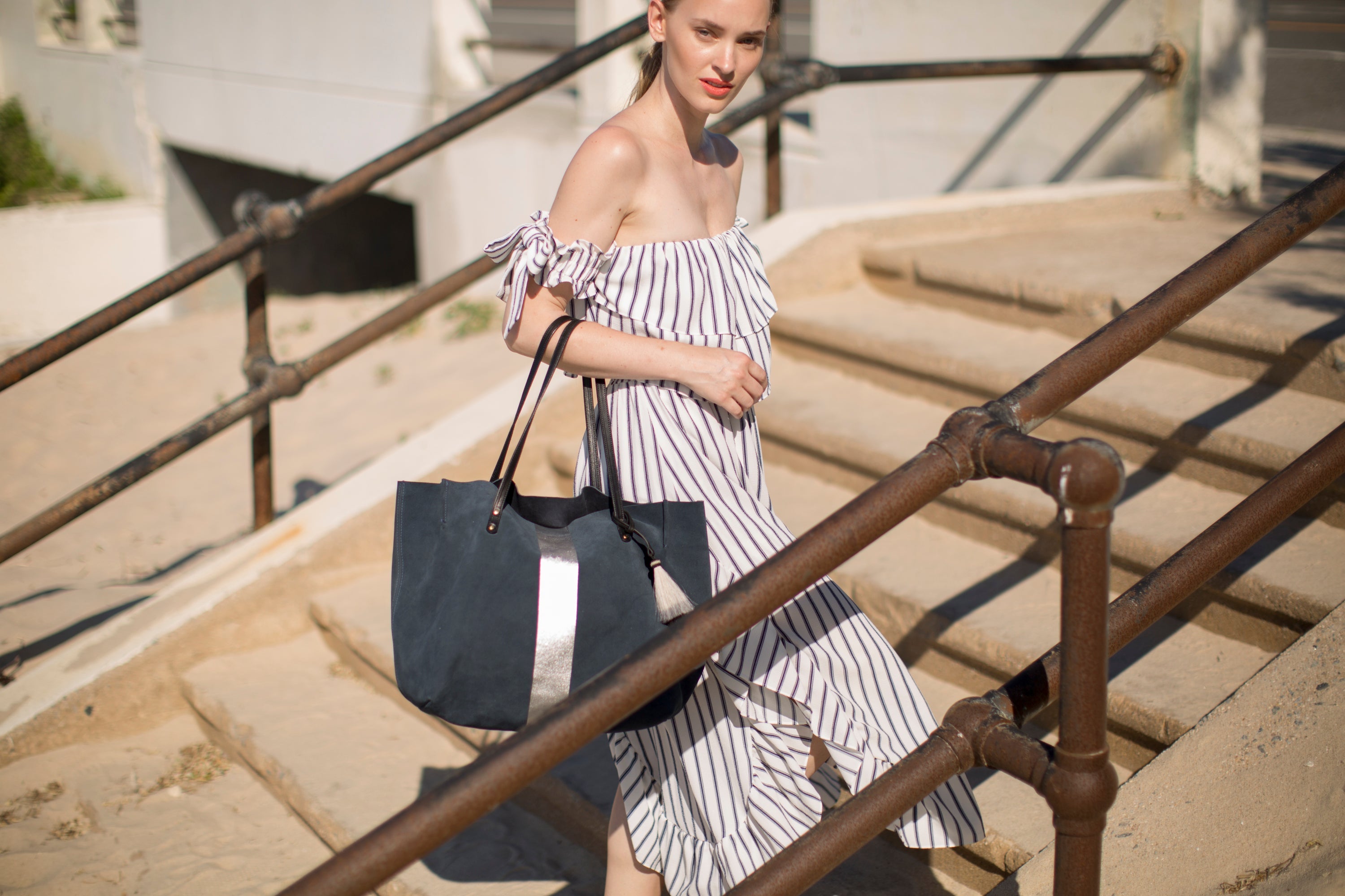 Kempton Navy Suede Silver Stripe Dorset Tote