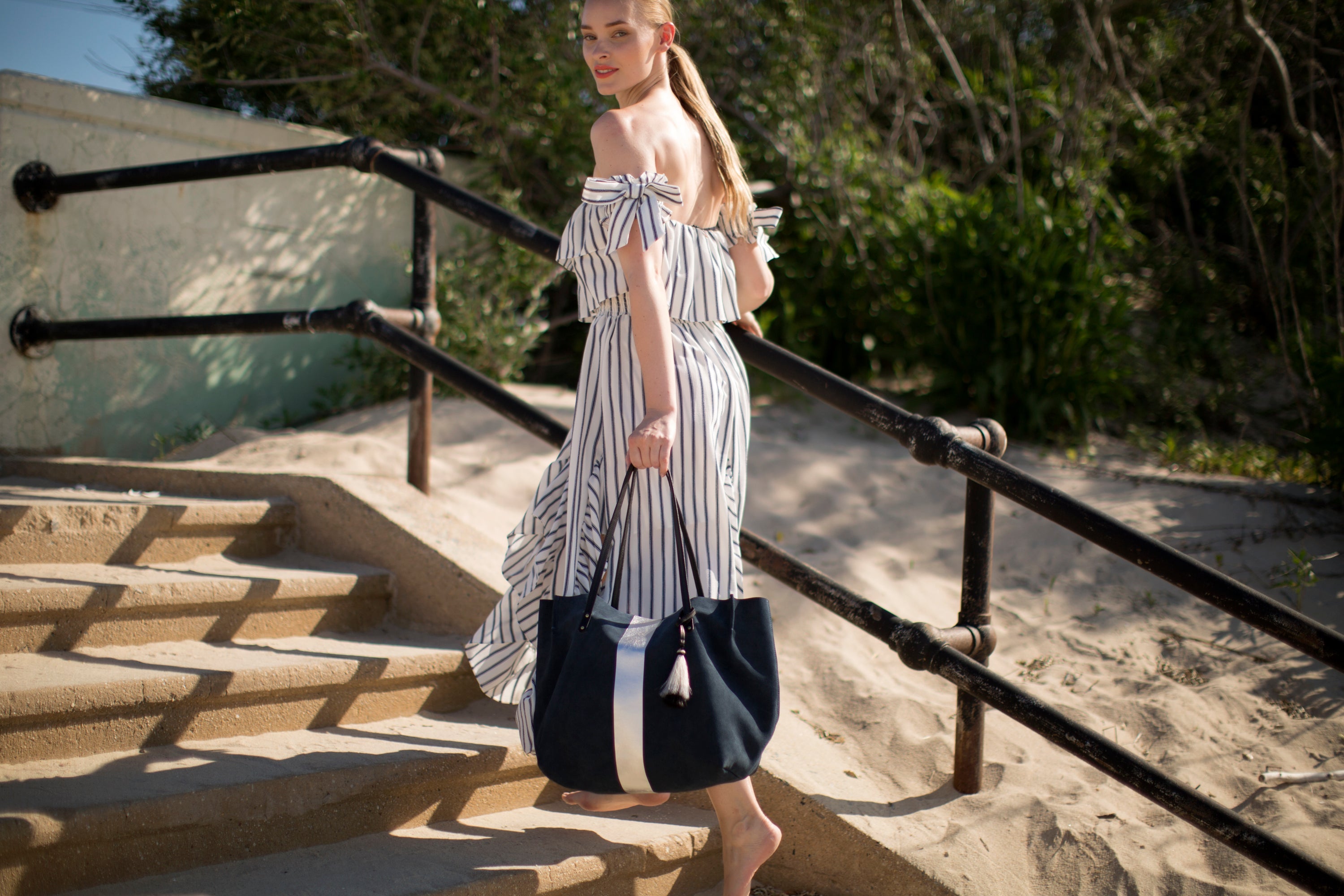 Kempton Navy Suede Silver Stripe Dorset Tote