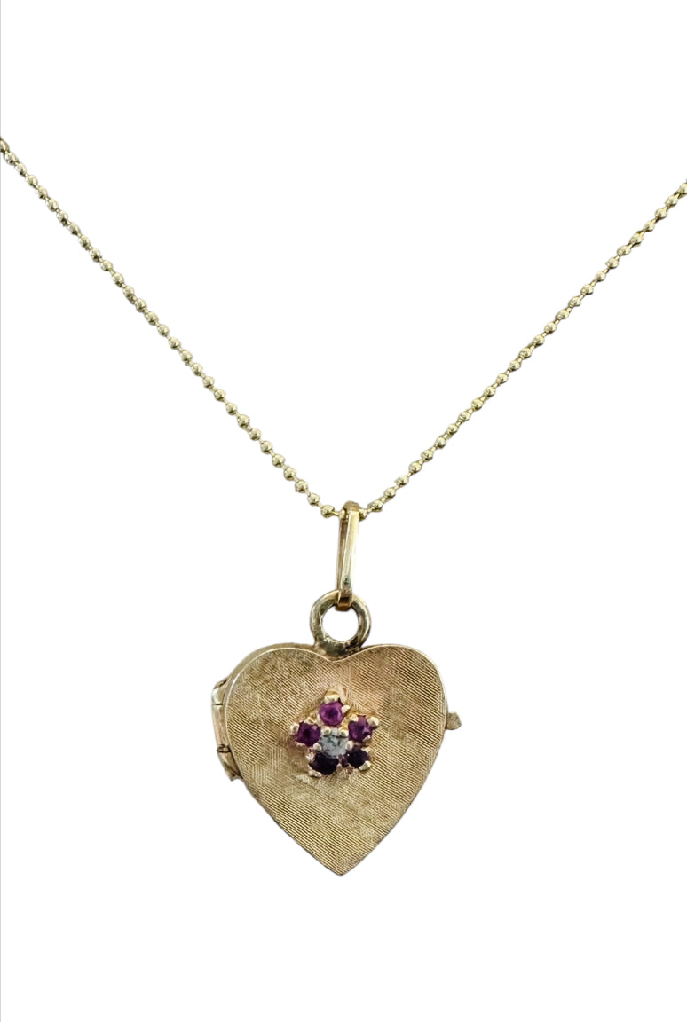14KT Gold Vintage Ruby & Diamond Heart Locket Charm