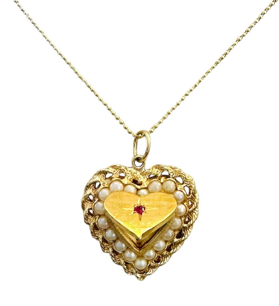 14KT Gold Vintage Pearl & Ruby Heart Locket