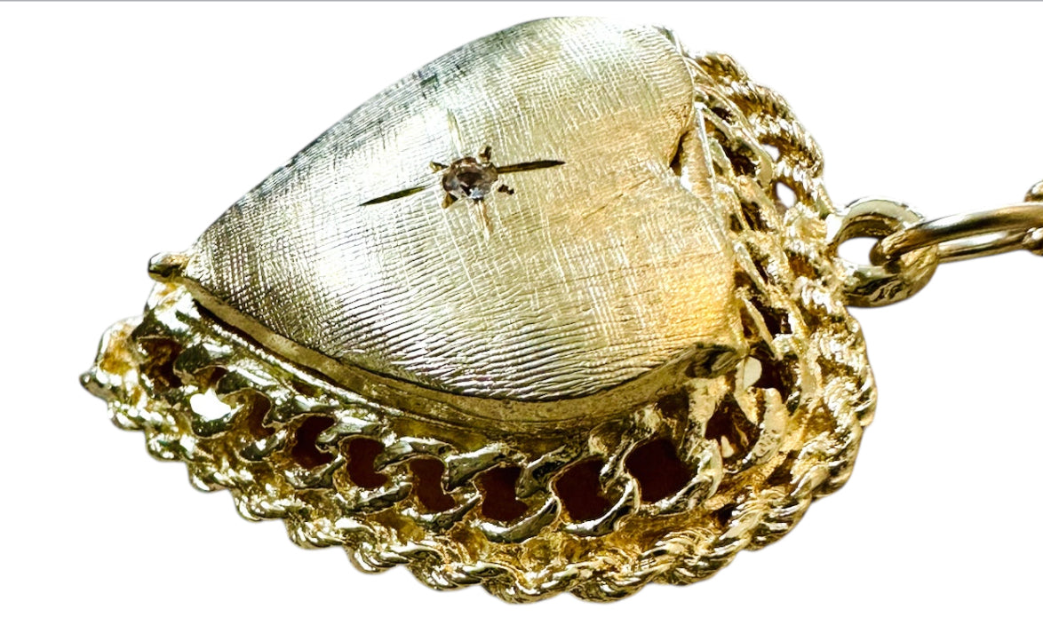 14KT Gold Vintage Heart Locket with Diamond Charm.