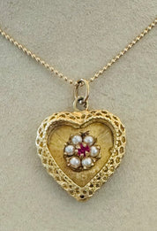 14KT Gold Vintage Ruby & Pearl Heart Charm