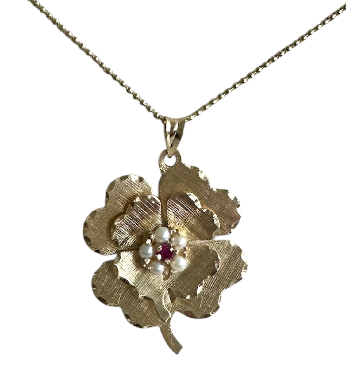 14KT Gold Vintage Ruby & Pearl Clover Charm