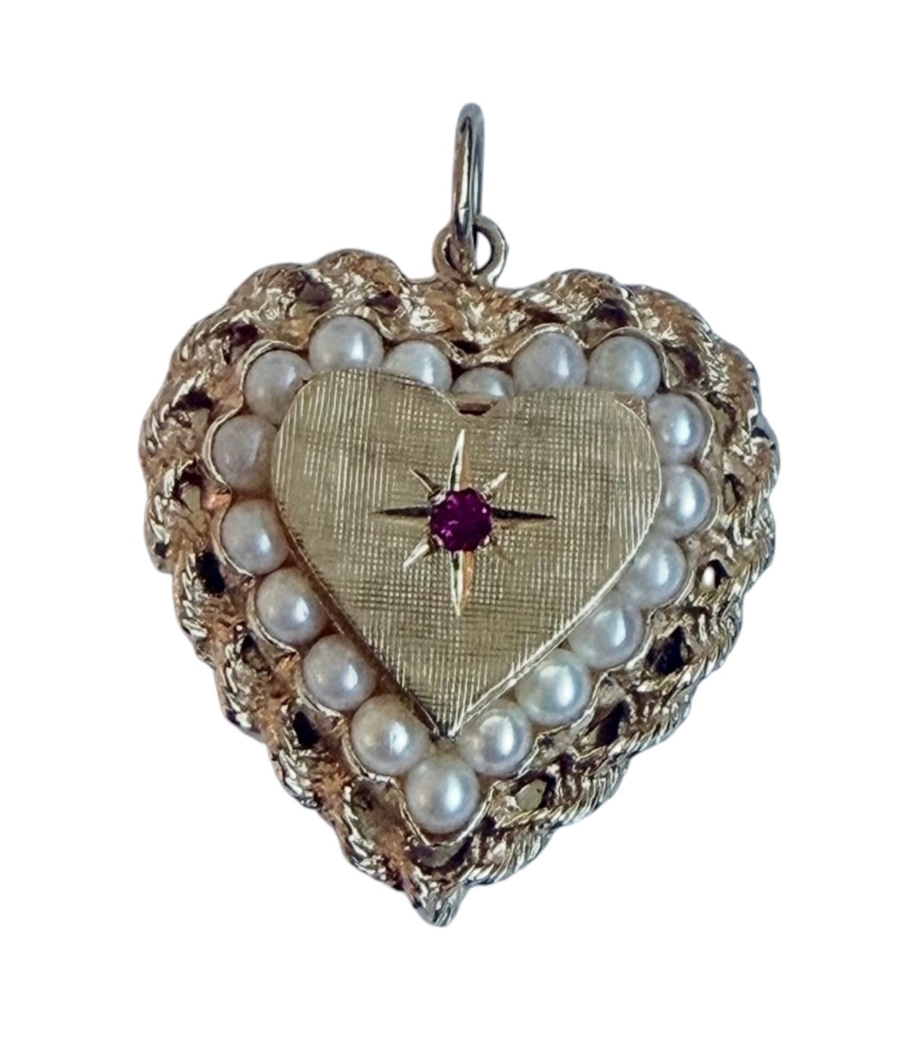 Antique Victorian 14KT Gold Pearl & Ruby Heart Locket charm