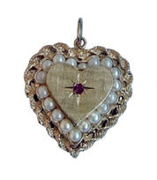 Antique Victorian 14KT Gold Pearl & Ruby Heart Locket charm