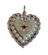 Antique Victorian 14KT Gold Pearl & Ruby Heart Locket charm