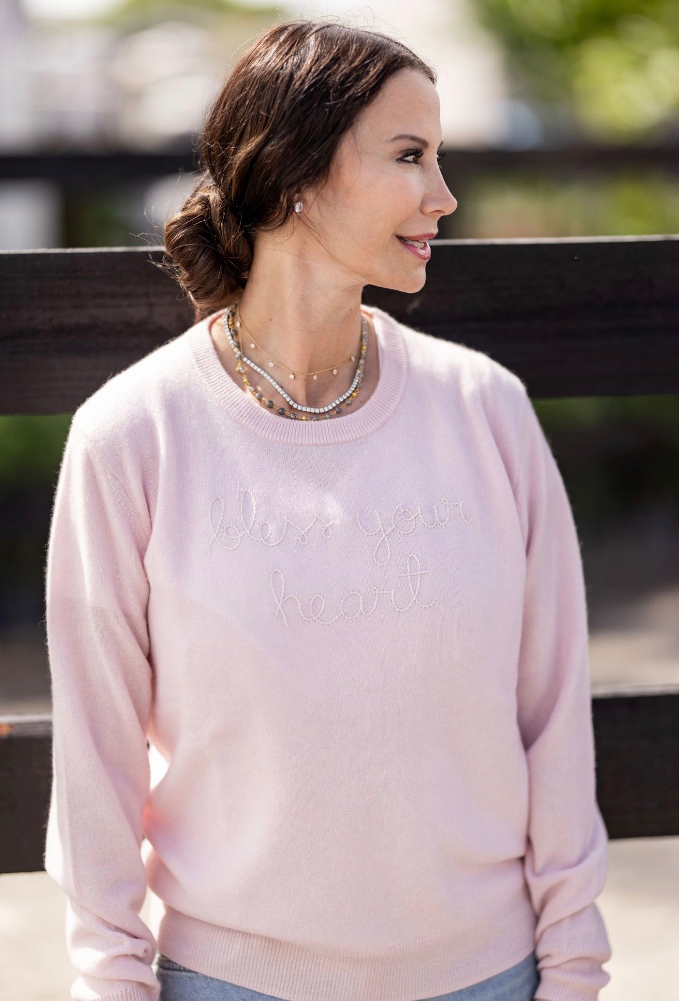 Lingua Franca "Bless Your Heart" Cashmere Crewneck