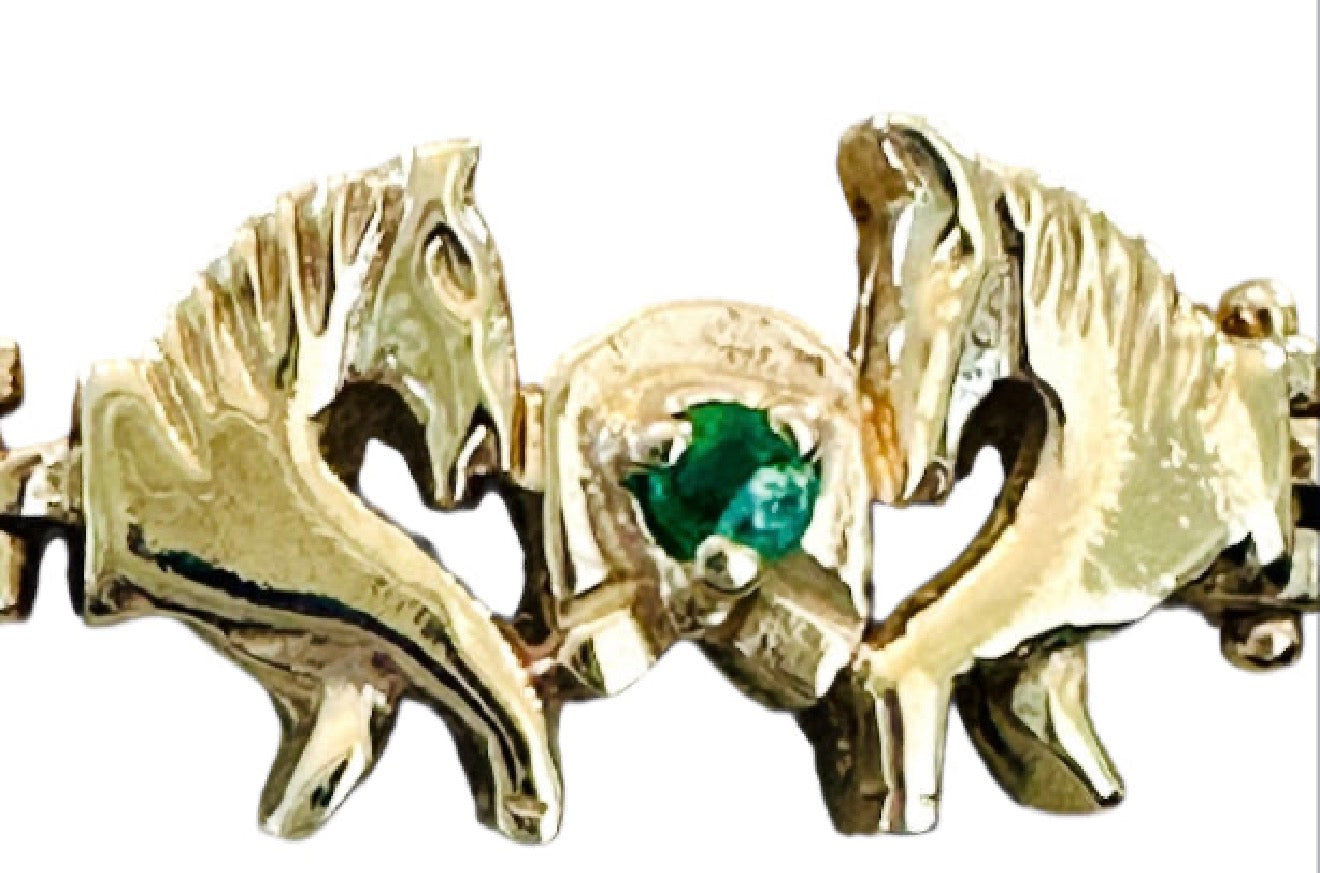 14KT Gold Vintage Emerald Horse Bracelet with Lucky Horseshoes