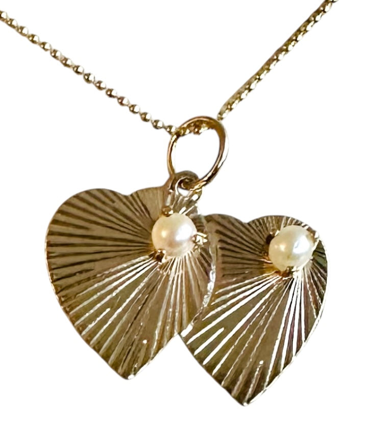 14KT Gold Vintage Double Heart with Pearls Charm