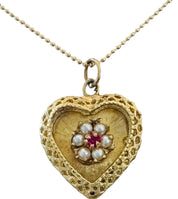 14KT Gold Vintage Ruby & Pearl Heart Charm