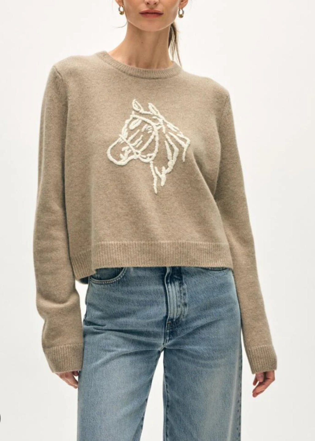 White + Warren Cashmere Blend Horse Embroidered Crew