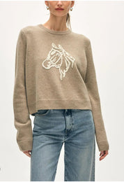 White + Warren Cashmere Blend Horse Embroidered Crew