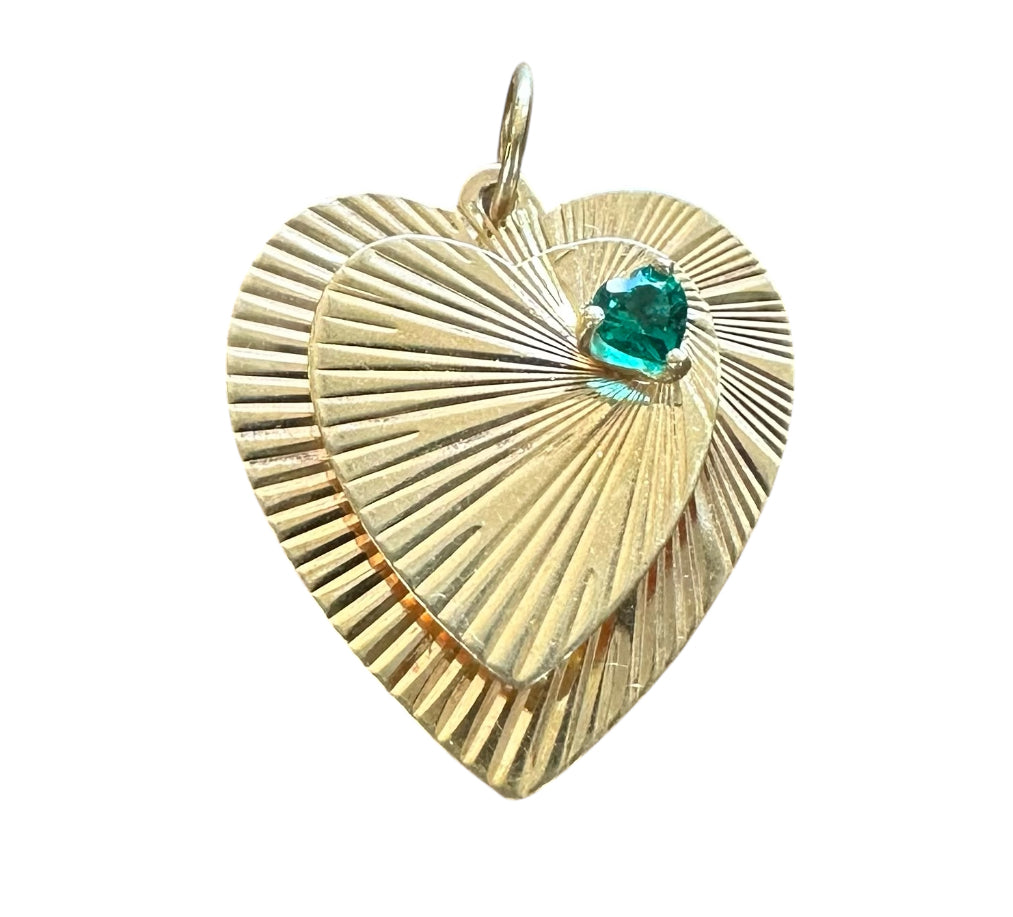 Vintage 14KT Gold Engine Turned Heart Charm with Emerald