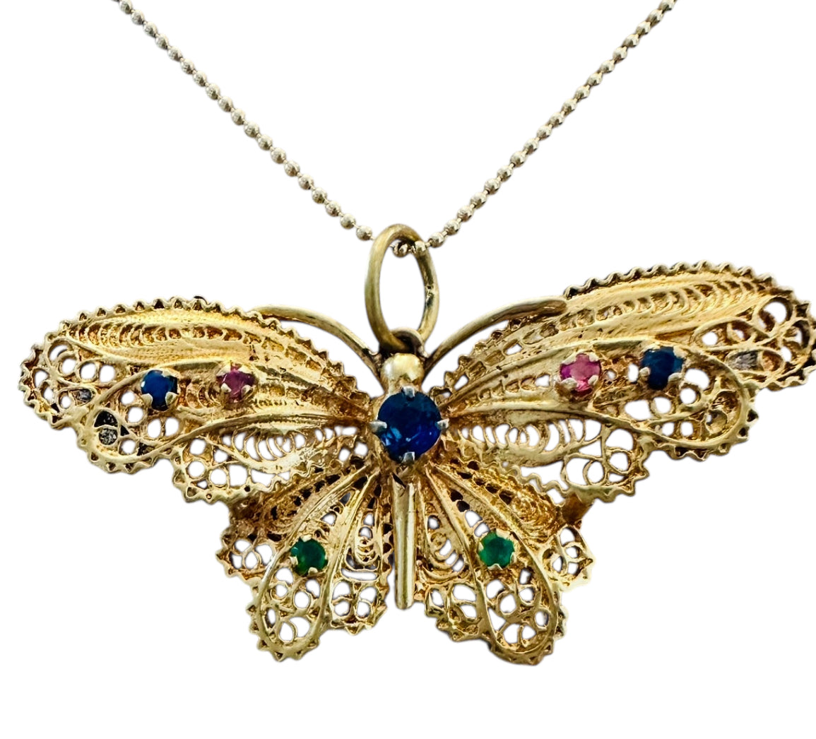 14KT Gold Vintage Butterfly Charm with multicolor sapphires