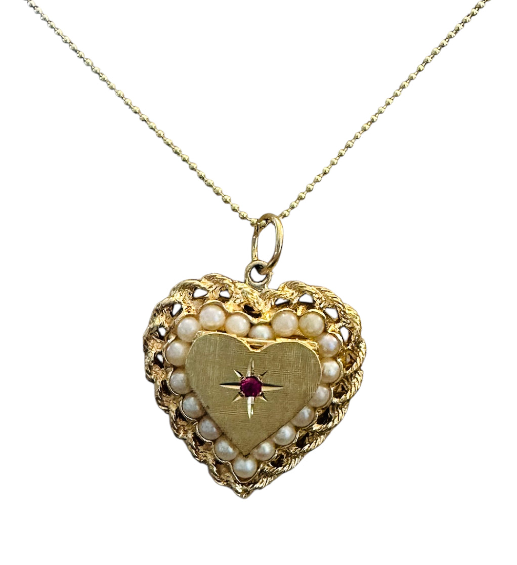 14KT Gold Vintage Pearl & Ruby Heart Locket