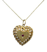 14KT Gold Vintage Pearl & Ruby Heart Locket