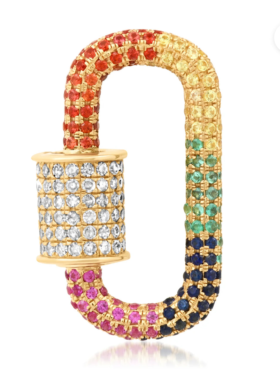 Rainbow diamond and sapphire caribiner ,14kt gold