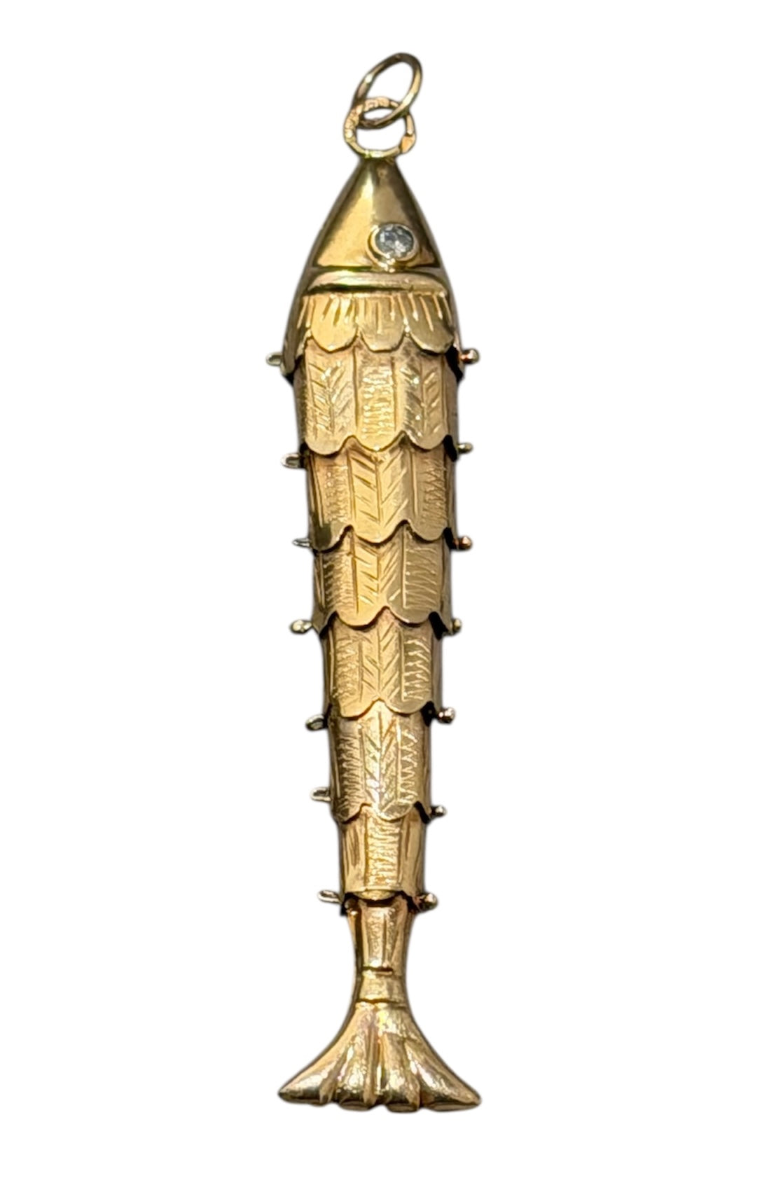 Vintage 14KT Gold Articulating Fish Charm with Diamond Eyes