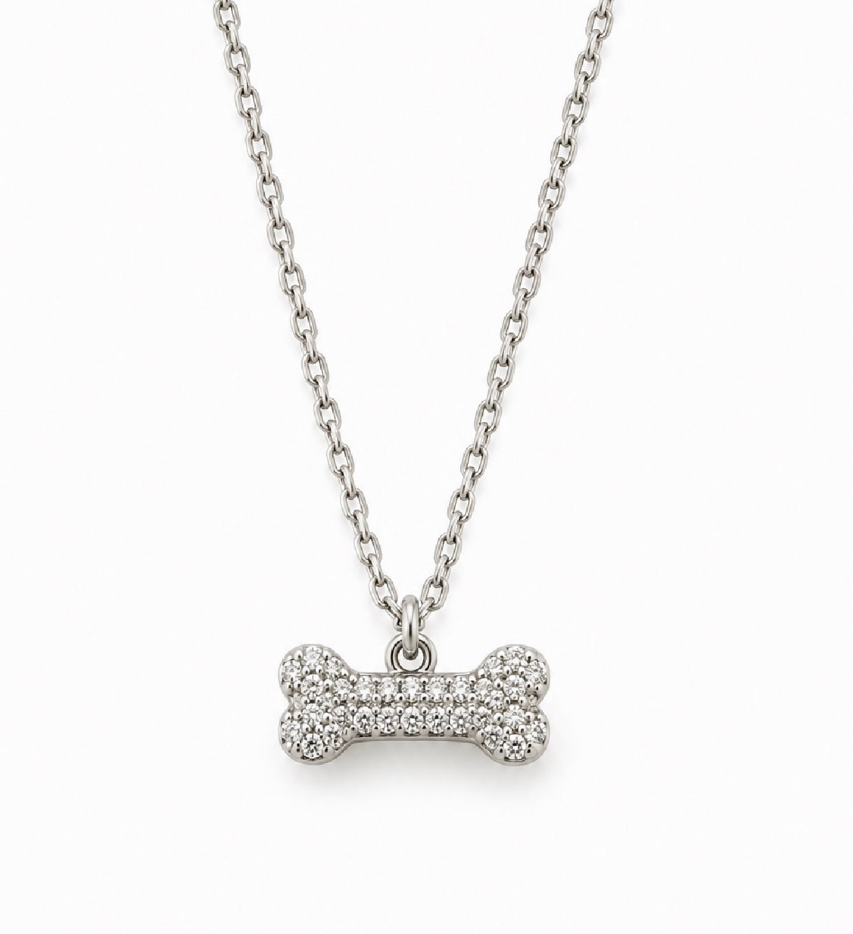 14K White Gold Diamond Dog Bone Necklace – 16”